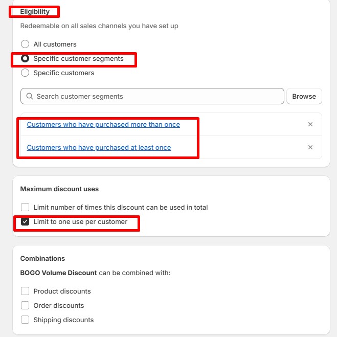 Volume-Based Discounts BOGO customer eligibility and maximum discount uses