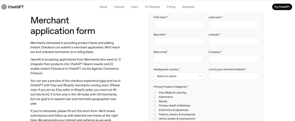 chatgpt commerce - merchants application form