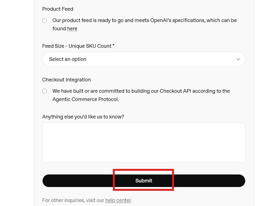 chatgpt commerce - merchants application form submit