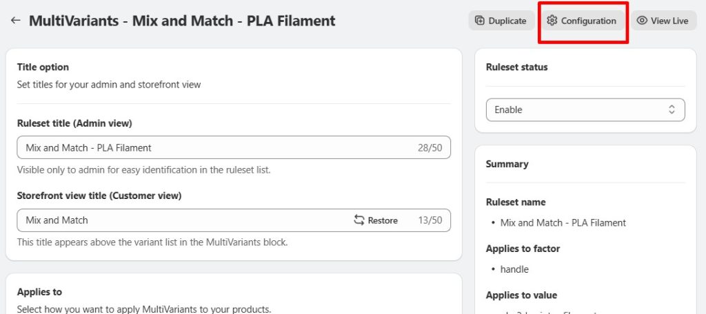 cliquez sur « configuration »