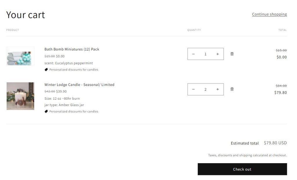 your cart page showing the discounts