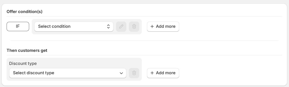 Conditions and discount types sections