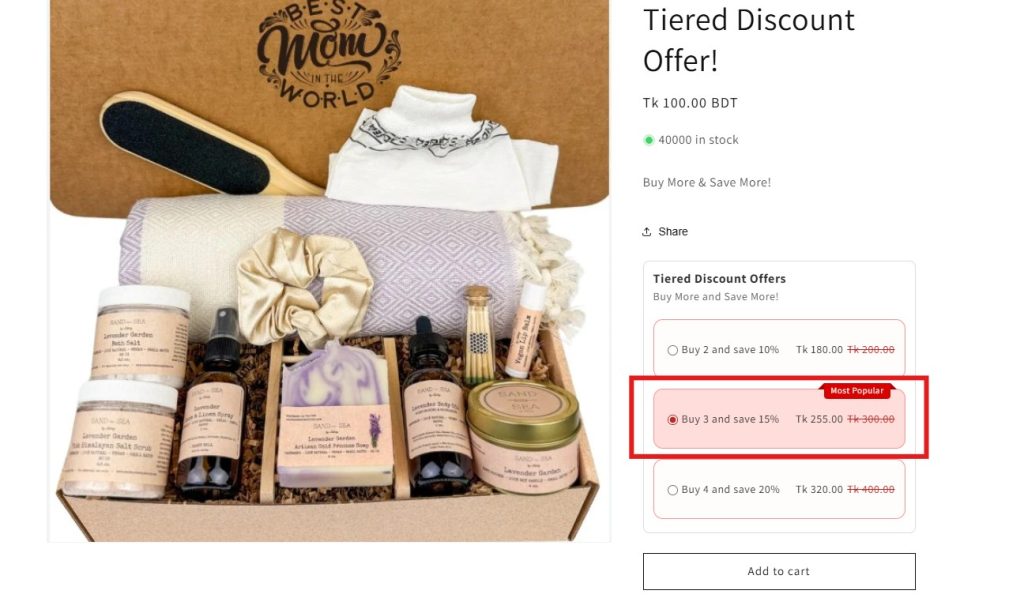 shopify tiered discounts - discountray product page